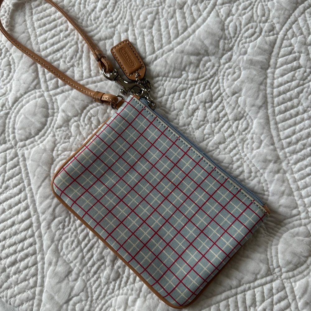 Coach Checkered Wristlet in Blue and Tan
